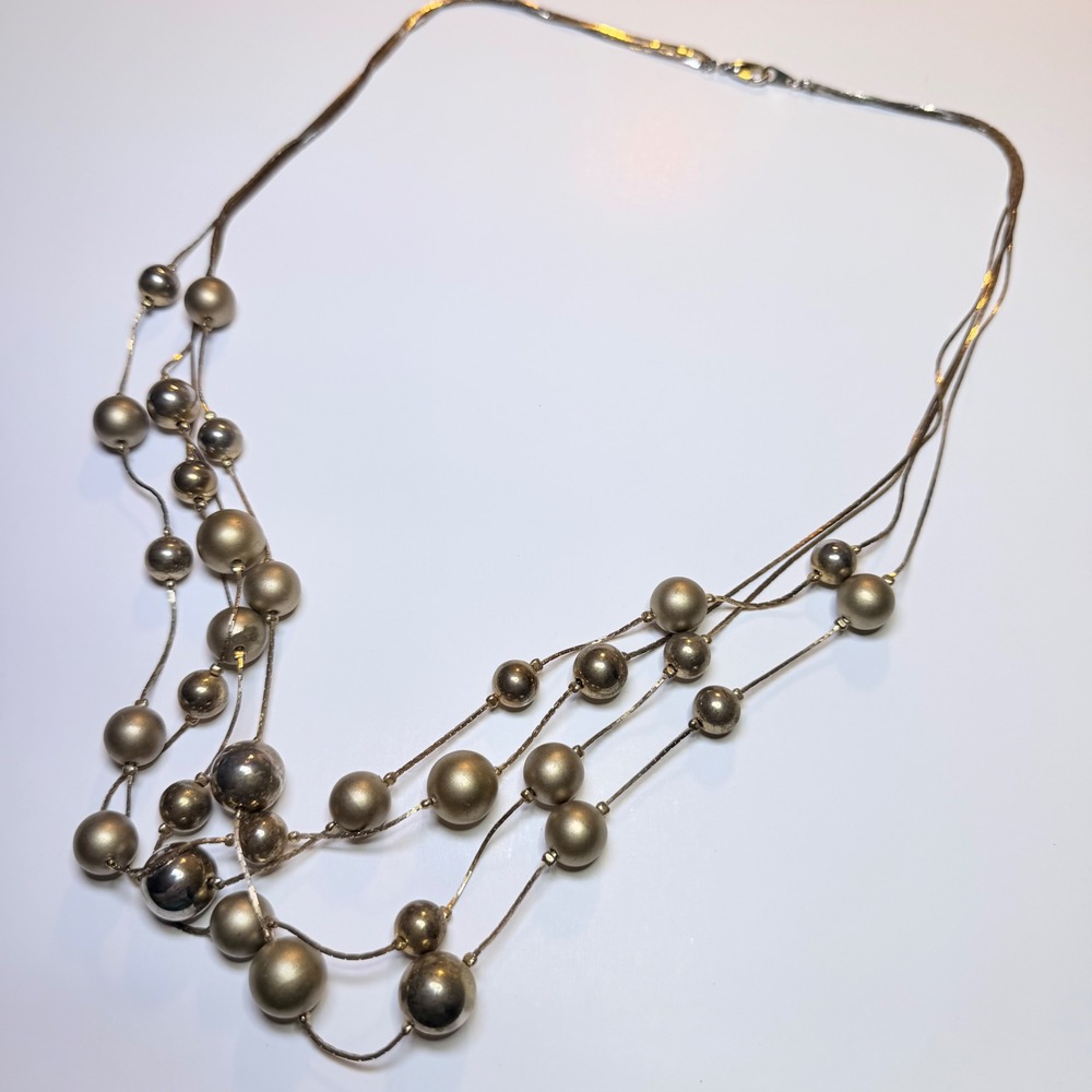Vintage Multi Strand Layered Bead Statement Necklace Mixed Metallic Gold Silver